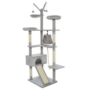 Meerveil Arbre &agrave; Chat, Arbre a Chat Geant Stable, Hauteur 210cm, avec Centre d'activit&eacute;s, 2 Plate-Formes, 2 Niches, 1 Planche &agrave; Griffer, 3 Pompons, 4 Griffoirs, Multi-Niveaux, Gris Clair (Common Smile, neuf)