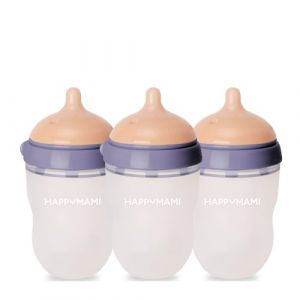 HappyMami - Set de 3 Biberons en Forme de Sein, Biberons,T&eacute;tine en Silicone de Qualit&eacute; M&eacute;dicale, Double Syst&egrave;me Anti-Colique, sans BPA, Lavable au Lave-vaisselle, Chauffe-biberon (Violet Soie 250 ml) (Happymami, neuf)