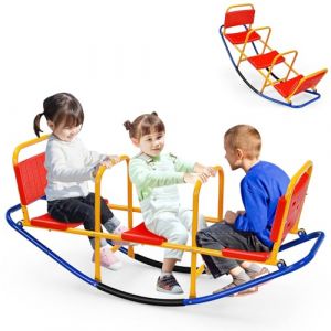 HOMASIS Balan&ccedil;oire &agrave; Bascule 3 Places pour Enfants, Bascule de Jardin en M&eacute;tal pour 3-8 Ans, Aire de Jeux avec Poign&eacute;es & Dossier pour Int&eacute;rieur et Ext&eacute;rieur (Rouge) (Homasis, neuf)