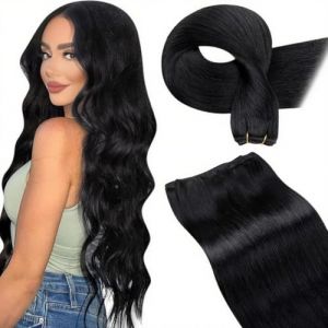 LaaVoo Extension Cheveux Humain Tissage Noir Extension Cheveux Naturel Tissage Noir 60cm 120g Extension Tissage Cheveux Humain Noir Lisse #1 (Laavoo, neuf)