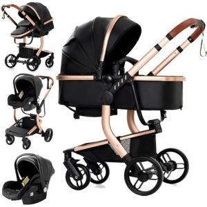 Reenborn Cuir PU Poussette 3 en 1, Poussette Bebe avec Réversible Deux Façons de Pousser, Pousette 3 in 1 avec Conception Pliable en Un Clic, Pousette Trio Cadre Aluminium Haute Paysage (518 Black) (huangzhongguig, neuf)