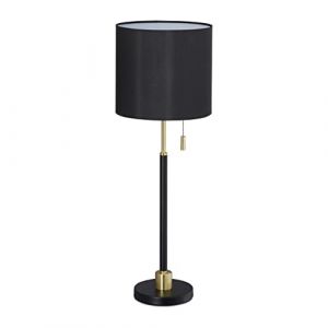 Relaxdays Lampe de table avec interrupteur &agrave; tirette, &eacute;l&eacute;gant abat-jour de nuit; douille E27, HxD 69 x 24 cm; noir/dor&eacute; (Relaxdays, neuf)