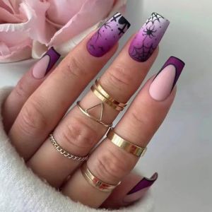 Cubahop 24pcs carré Halloween presser les ongles violet faux ongles araignée Design mignon cosplay faux ongles brillant pour les femmes (Cubahop, neuf)