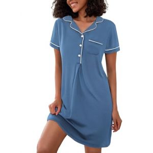 Jahetuul Chemise de Nuit Femme en Coton Manches Courtes Col en V avec Poche Liquette de Nuit Femme avec Boutons Ouvert Devant Nuit Confortable et Élégant (DUCHANGYIYUN-EU, neuf)