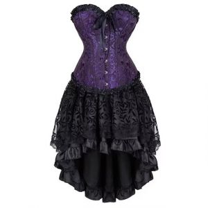 Josamogre Corset Jupe Bustier Robe Set Femmes Sexy Dentelle Lace Floral Gu&ecirc;pi&egrave;re Lingerie Grande Taille Burlesque Violet 2XL (Josamogre Corset, neuf)