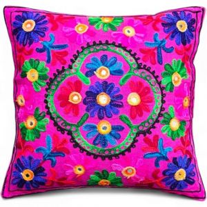 Housses de Coussin Décoratif Brodé Mandala Floral Ethnique Boho Couvre-Lit Taie d'oreiller, Housse Bohème Colorée Lumineux pour Canapé Canapé, Accent Fait Main Chambre Salon, 16x16 Pouces (40x40 cm) (kikan's, neuf)