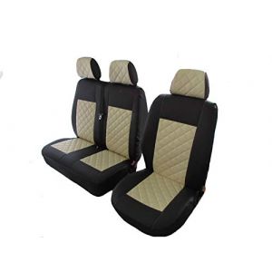 Conçu pour s'adapter à Volkswagen VW Transporter T5 T6 après 2004 Conduite à gauche ou à droite - Noir écologique - Housses de siège en cuir beige 2 + 1 (1 simple, 1 double) (MONTIVERDI LTD, neuf)