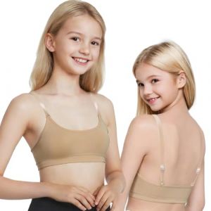Mulnall Soutien-gorge de danse &agrave; bretelles transparentes pour filles, non rembourr&eacute; avec 2 paires de bretelles r&eacute;glables, 1 paire de coussinets en silicone, beige, 14-18 ans (Mulnall, neuf)