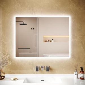 LOMIKEN Miroir LED de salle de bain 80x60 cm - Cadre en aluminium, verre anti-explosion, bords d&eacute;polis, 6400 K, blanc froid, IP44, &eacute;conomie d'&eacute;nergie (LOMELI, neuf)