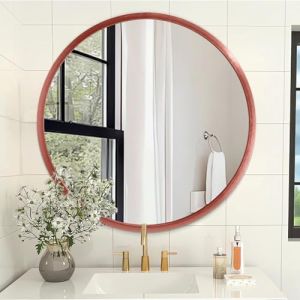 AOAOPQ Miroir rond encadré pour maquillage mural - Rouge brossé - Coins arrondis - Cadre en métal pour coiffeuse, maison, chambre à coucher, salon, entrée, porche (OrangeRight, neuf)