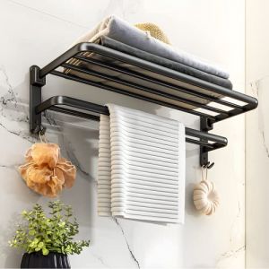 yozhch Porte Serviette Salle de Bain Pliable à 90°, Porte Serviettes Murale, Barre Porte-Serviettes sans perçage, Range Serviette à 2 Niveaux avec Etagere, Noir Mat 38cm (Hejia Family home life Museum, neuf)