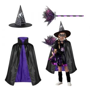 FainFun Chapeau et Cape Magicien, Cape de Sorcière avec Chapeau, Cape de Magicien Enfant, Enfant Cape de Citrouille Halloween, Manteau de Sorcière, Wizard Cape (Noir Violet) (JUNQIAN, neuf)