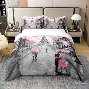 Housse de Couette Paris, Parure de Lit 240x260 en Coton, Ensemble de Literie Tour Eiffel Rose et Gris, pour Filles, Housse Couette Fleur de Cerisier Aquarelle, Couvre Lit Romantique Rétro (Suzhou yiyanyun e-commerce Co., Ltd, neuf)