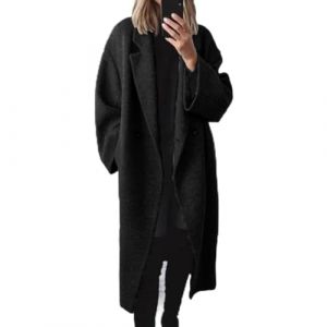 Manteau long en laine pour femme d'usage quotidien avec encolure cardigan et tissu polyester micro&eacute;lastique pour l'automne et l'hiver (L noir) (Zhixingli, neuf)