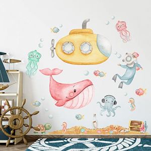 kina - Sticker Mural Décoration Chambre Enfant R00631 - Matériau Tissu écologique, Hypoallergénique, Repositionnable, Effet caresse, École Maternelle - Graphique Mer Poisson et mesure 100x30 cm (AdesiviMurali, neuf)