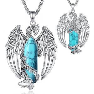 EUDORA Harmony Ball Phoenix Turquoise Collier pour Femme Homme Cuivre Plaqué Argent, Vintage Viking Celtique Flaming Phenix Pendentif Turquoise Amulette Bijoux Cadeaux, 20"+2" (EUDORA Harmony Ball, neuf)