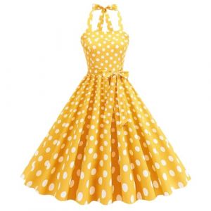 Robe Vintage Femme Années 20 40 50 60 Pin up Rockabilly Swing à Pois Chic et Elegant Robe de Soirée Cocktail au Genou sans Manche A-Line Taille Haute Ete Robe pour Mariage Invité,Jaune,M,f29w (Routefuture, neuf)
