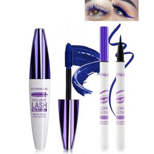 5D Bleu Fibre de Soie Mascara et Eyeliner Liquide Set,Eyeliner Liquide Waterproof Anti-salissures,Longue durée Volumizing Curling Extension des Cils Mascara pour fête Coloré Maquillage des yeux-4 Blue (GZST-EU, neuf)