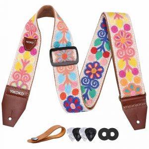 YIKOKO Sangle de guitare en coton tricot&eacute; &agrave; fleurs de 5,1 cm avec extr&eacute;mit&eacute; en cuir pleine fleur, pour guitares basses, &eacute;lectriques et acoustiques, bouton de sangle, 2 verrous de sangle et 4 m&eacute;diators (zs-Kiwi, neuf)