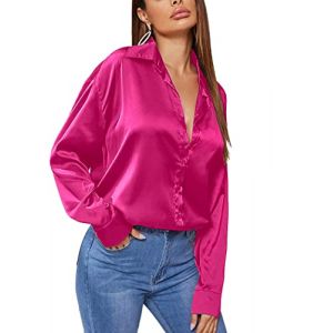 Zeagoo Chemisier en satin pour femme - Col en V - Décontracté - Chemisier en soie - Haut à manches longues - Tunique, Rose foncé, XL (Zeagoo direct, neuf)