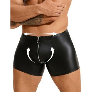 comeondear Grande Taille Boxer Homme Sexy Cuir PU Lingerie Sexy Homme Érotique Caleçons Boxershorts Ouvert Zip String Tenue Coquine sous-Vêtements Confortable Briefs Shorty Tanga Underwear Noir,XXL (ComeonDear, neuf)