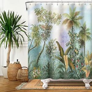 SDOTPMT 90x183cm Palmier Arbre Rideau de Douche Tropical Plante Vert Feuilles d'arbre Fleur Rideau de Bain Rural Naturel Paysage Rideau de Baignoire Tissu &Eacute;tanche pour Salle de Bain avec Crochets (SDOTPMT, neuf)