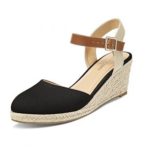 PIZZ ANNU Sandales Femme Été Espadrille Compensées Plateforme Plates Chaussures à Bout fermé Confort Bride Cheville Vintage Vacances Talon Noir EU 38 (PIZZ ANNU-EU, neuf)