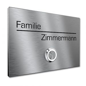 Graviers Design plaque de sonnette extérieure en inox V2A – encastrée ou en saillie – gravure personnalisée, bouton LED (Graviers GmbH, neuf)