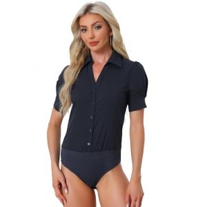 Allegra K Chemisier Body Femme de Bureau boutonn&eacute; Bodysuit Une pi&egrave;ce &agrave; Manches Courtes Body Chemise de Travail Bleu Marin XL (Weisser Berg, neuf)