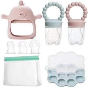 WEST STORY Tetine Grignoteuse Bébé, Tetine Fruits Bebe en Silicone, Inclus Bébé Food Rangement Nourriture, 2 Grignoteuse 3 Tailles de Tétines pour Bébé de 3~24 Mois, Jouets de dentition (Bleu & Rose) (YouDL, neuf)