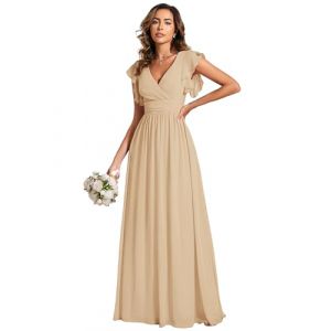 Ever-Pretty Robe de Soirée Dos Nu pour Femme Manches Volantées Mousseline Col V Plissé Robe de Demoiselle d'honneur Longue Élégante Champagne 50 (Ever-Pretty Plus, neuf)