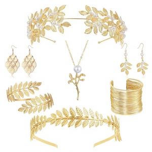 7 Pièces Greek Goddess Costume, Déesse Grecque Costume Accessoires, Feuille Laurier Doré Couronne Bandeau, Couronne de Laurier, Boucles d'oreilles, Collier et Bracelet Bras, pour Les Mariages (Dorsie, neuf)