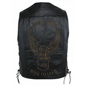 EURO STARS Gilet en cuir pour homme avec bouton pression et motif aigle en relief, veste de moto, gilet en cuir, biker en cuir, gilet club, gilet de chopper, gilet de rocker (XS, noir) (SportsFactory, neuf)