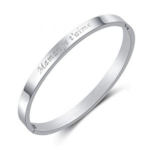 RWQIAN Argent Phrases D'Inspiration Jonc Fin En Acier Inoxydable - Bracelet Femme Avec Plusieurs Messages 'Maman Je T'aime' (MTJewelry Fr, neuf)