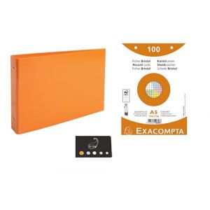 Lot 1 Classeur Pour Fiches + 100 Fiches Bristol A5 Quadrill&eacute;es Perfor&eacute;es Couleurs Assorties + 1 Index Adh&eacute;sif Blumie (Orange) (Blumie Shop, neuf)