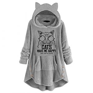 Generisch Haut long pour femme en polaire chat imprimé oreilles avec bouton sweat à capuche poches pull manches sweats à capuche mignons femmes sweats à capuche et sweatshirts, gris, XL (⭐⭐⭐⭐⭐Five star⭐⭐⭐⭐⭐, neuf)