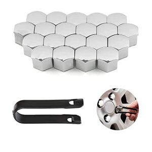 QUOTRE 20 Pièces Capuchons d'écrou de Roue, 17 mm Anti-poussière Couvercle de Jante placage Hexagonal Chrome Boulon Couvre Roue Cache-écrous Bouchon d'Écrou de Roue avec Ensemble Outil, Argent (Jiake's store, neuf)