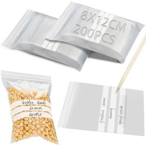 200 Pièces Pochon Plastique 8x12cm Sachet Zip avec Panneau d'Écriture Sachet Refermables Sachet Plastique Transparent Zip Transparent Pochette Zip pour Ranger Échantillons Nourriture Bijoux (WangJiaYuan, neuf)