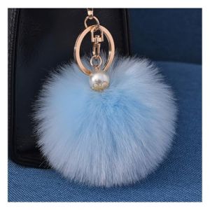 Wisafory Porte-clés pompon avec perle dorée en fausse fourrure moelleuse Porte-clés de sac à main valise sacs à dos accessoires porte-clés porte-clés téléphone portable charme pour femme Bleu clair (Qunrong, neuf)