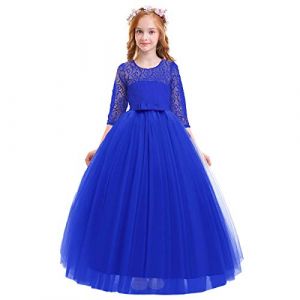 IWEMEK Enfants Fille Robe de Carnaval Princesse Longue en Dentelle avec Bowknot Demoiselle d'honneur Robe de Soirée Mariage Robe de Première Communion Anniversaire Fête Photographie 5-6 Ans (IWEMEK, neuf)