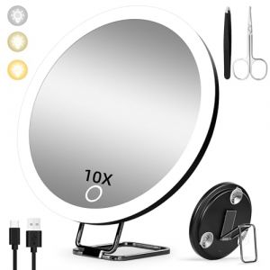 Miroir grossissant 10X avec lumière, 15cm 3 Modes de Couleur Dimming Miroir grossissant éclairé 10X, grand miroir de maquillage de voyage rechargeable avec 3 ventouses et support de table 360 (heimidianzikeji, neuf)