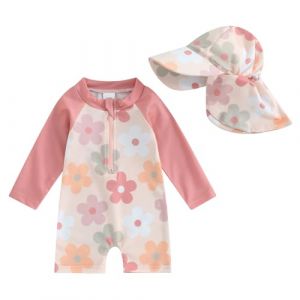 HodJIU Maillot de Bain Bébé Fille Anti-UV Combinaison Natation Piscine à Manches Longues + Chapeau de Bain Ensemble Swimwear Nouveau-né (Rose Fleurs, 1-2 Years) (Haikouxunchuanhandianzishangwuyouxiangongsi, neuf)