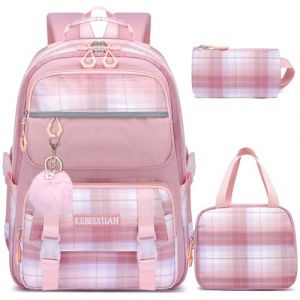 KEBEIXUAN Cartable Fille Primaire, 3 Pièces Kawaii Sac à Dos Scolaire Léger et Respirant avec Trousse et Sac Repas pour Filles 6-12 Ans (CP au CM2), Rose (MY-XYX, neuf)