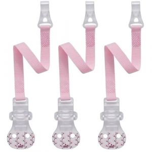 NIP Lot de 3 attache-tétines avec crochet pour tétine avec anneau, rose pastel, sans métal, sans BPA (babywaren24, neuf)
