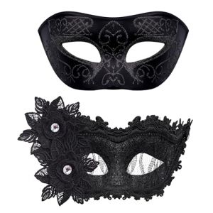 SIQUK 2 Pièces Masque Vénitien Couple Masque de Mascarade Bal Masqué Vénitien Masque pour Les Yeux pour Halloween Mascarade Carnaval Femme Homme, Noir (Siquk EU, neuf)
