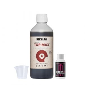 GROWMANIA Top Max de BioBizz 250 ml + échantillon Boost Up Nutrients + Verre doseur | Booster de floraison organique | Idéal pour les petites cultures et les pots (GROWSHOP EU, neuf)