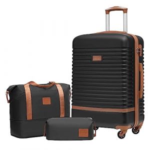 COOLIFE Valise Trolley Valise de Voyage en ABS Coque Rigide Trolley 4 Roues Serrure TSA La Valise Contient 1 Sac de Voyage et 1 Trousse de Toilette (Noir/Marron, Lot de 3 valises Moyennes) (Coolife EU Directly, neuf)