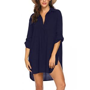 UNibelle Chemisier Robe de Plage Et&eacute; Femmes Cache Maillots de Bikini Mousseline de Soie Grande Taille Par&eacute;o de Plage pour Maillot de Bain Beachwear Robe Manches 3/4, Bleu Marine, XL (Ekouaer EU, neuf)