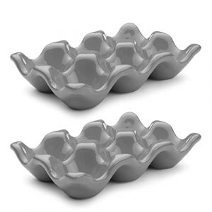 Flexzion Lot de 2 caisses à œufs en Porcelaine – Plateau à œufs en céramique d'une capacité de 6 œufs, Porte-œufs pour réfrigérateur, présentoir de comptoir – Plat de Service décoratif Gris et (Flexzion UK, neuf)
