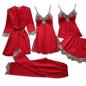 G&eacute;n&eacute;rique 5 Pi&egrave;ces Femme Sexy Chic Ensemble De V&ecirc;tements De Nuit en Satin Nuisette Dentelle Cami Chemise De Pyjama, Feminin Sensuelle Peignoir de Soie Chemisette De Nuit Ensemble De Lingerie (qieycgd, neuf)